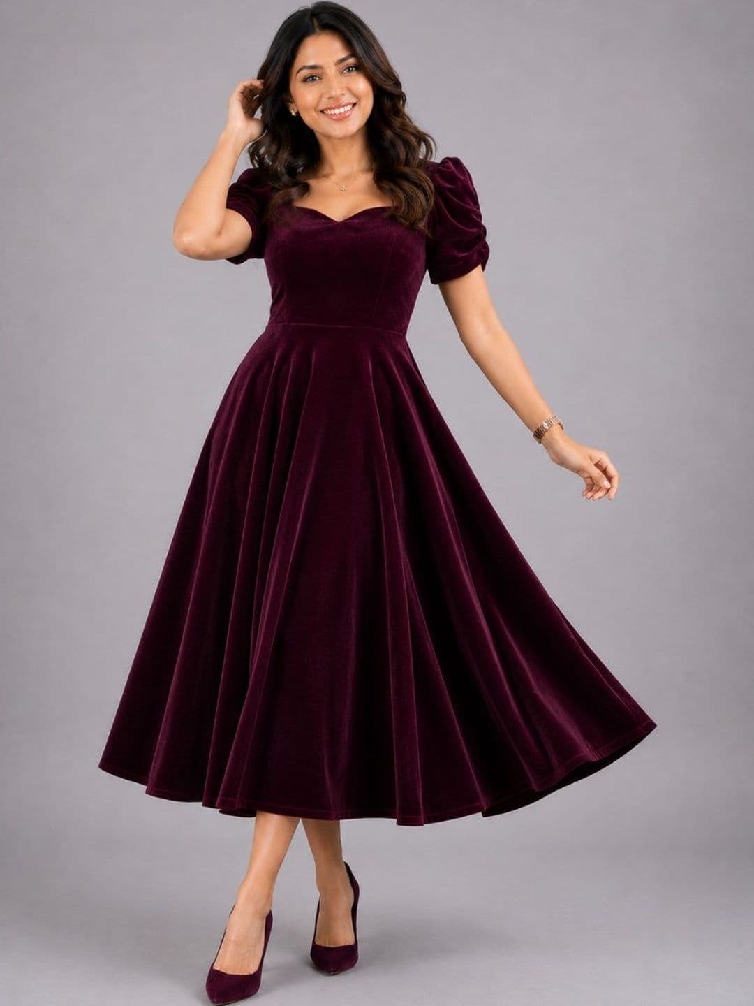Aumira Puff Sleeve Velvet Fit & Flare Midi Dress - view 1