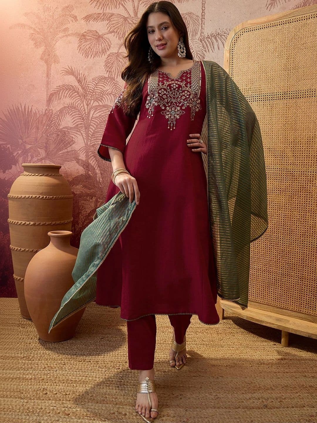 Sangria Women Ethnic Motifs Embroidered Regular Kurta with Trousers & With Dupatta - view 1