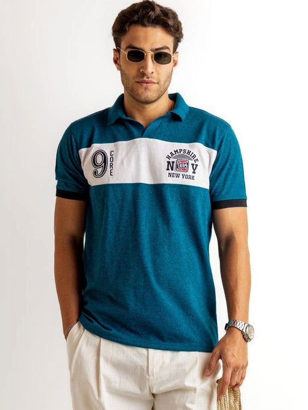 GRITSTONES Men Brand Logo Colourblocked Polo Collar Pure Cotton T-shirt - view 1