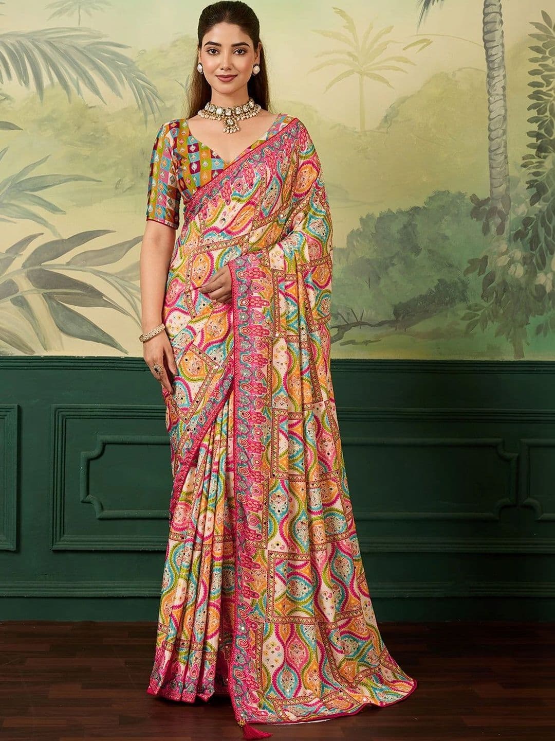 Anouk Floral Mirror Work Silk Blend Designer Saree - view 1