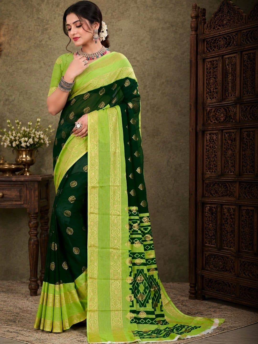 Leelavati Women Zari Border Pure Chiffon Saree - view 1