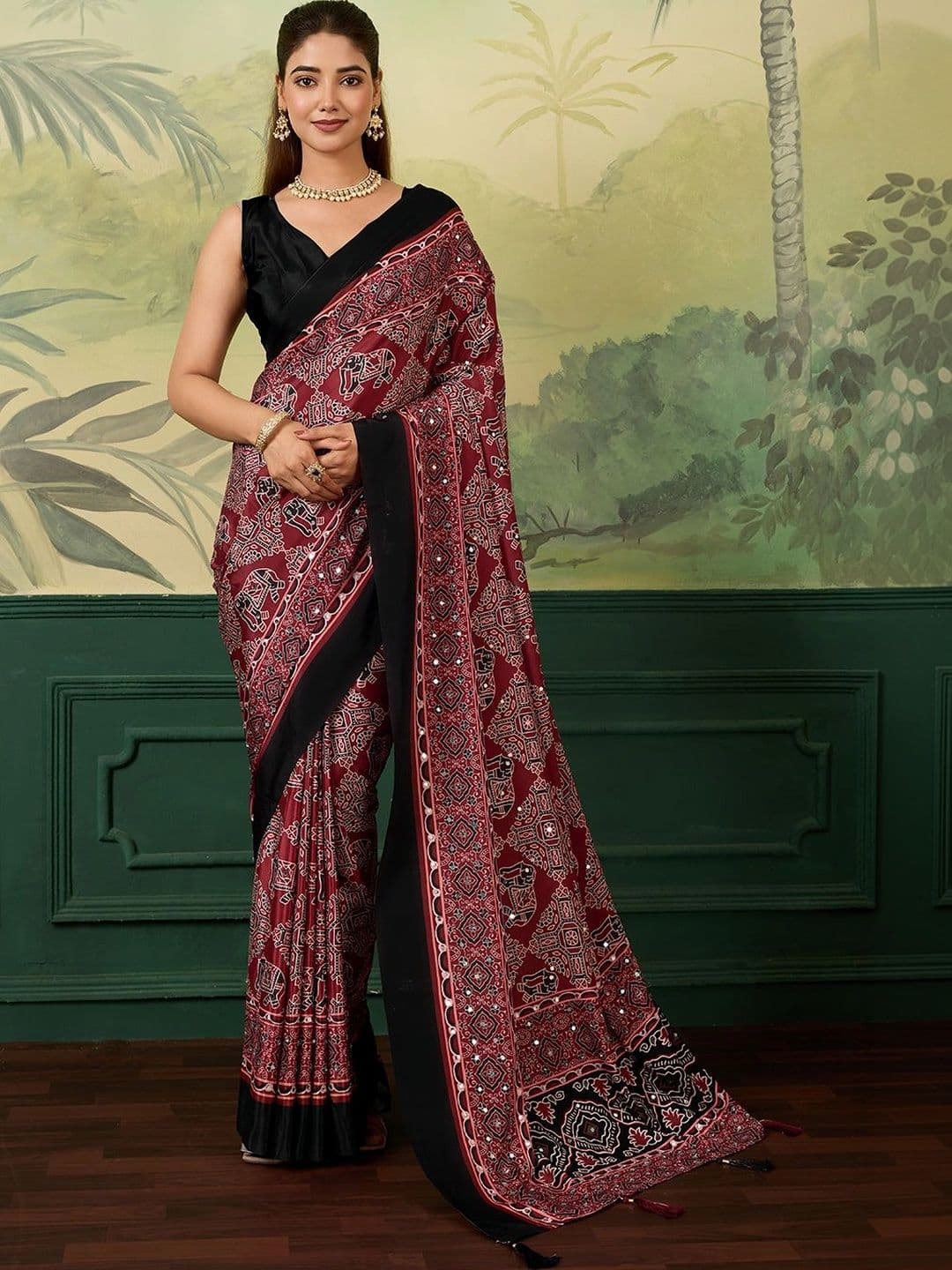 all about you Bandhani Mirror Work Silk Blend Fusion Saree - view 1