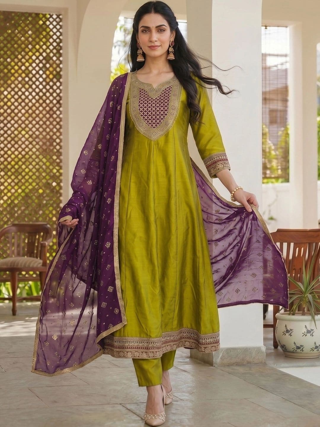 HERE&NOW Women Ethnic Motifs Embroidered Regular Kurta with Trousers & With Dupatta - view 1