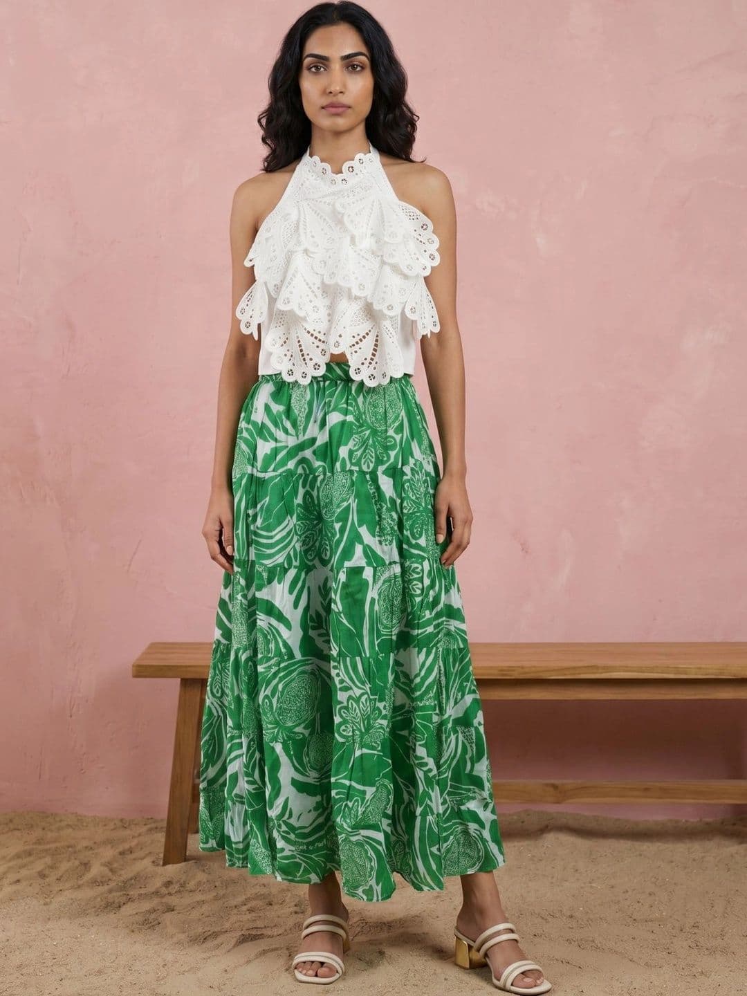 RANGRIWAZ Women Pure Cotton Floral Tropical Maxi Tiered Skirt - view 1