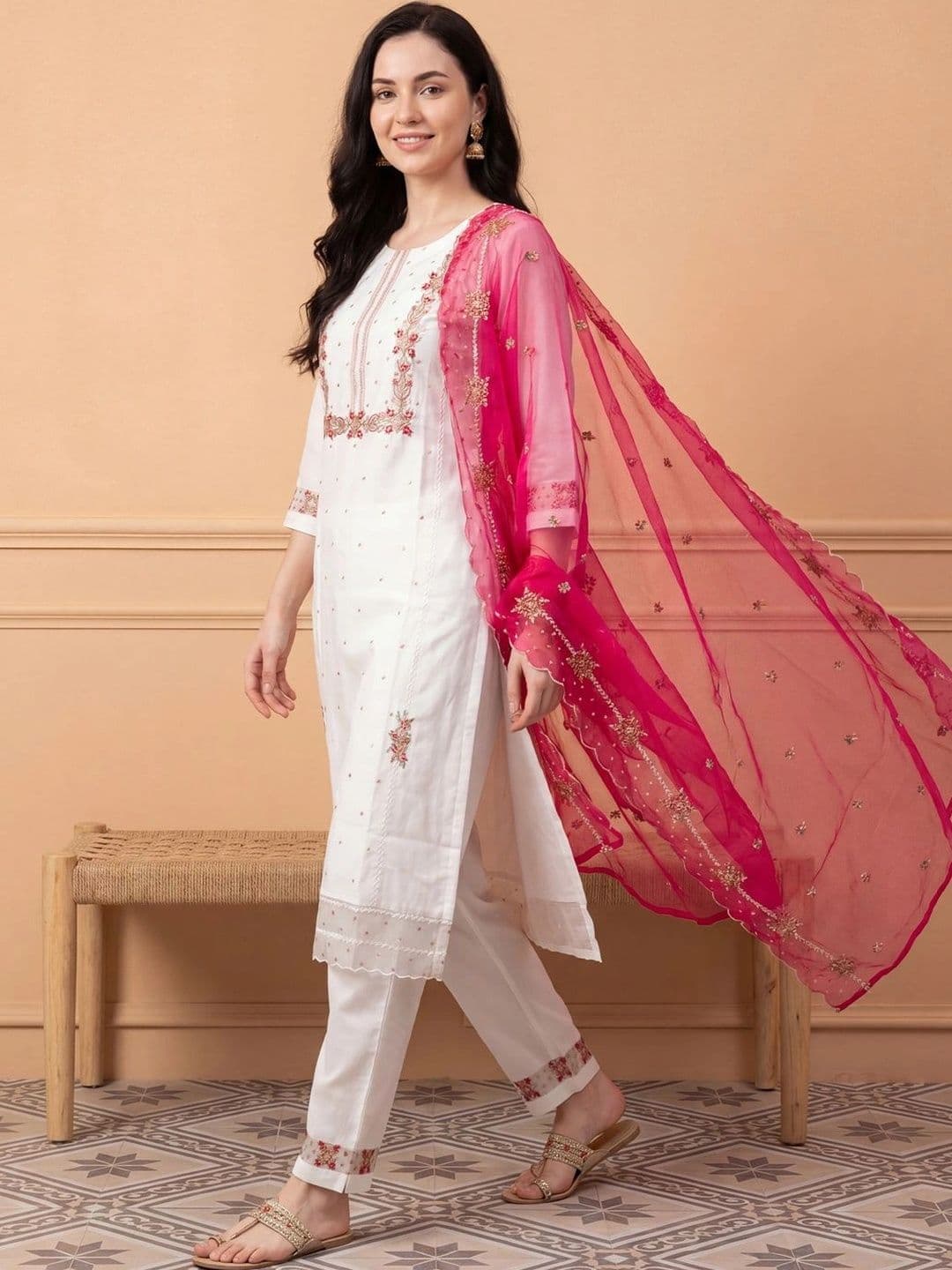 Indo Era Women Floral Embroidered Regular Thread Work Kurta with Trousers & With Dupatta - view 1