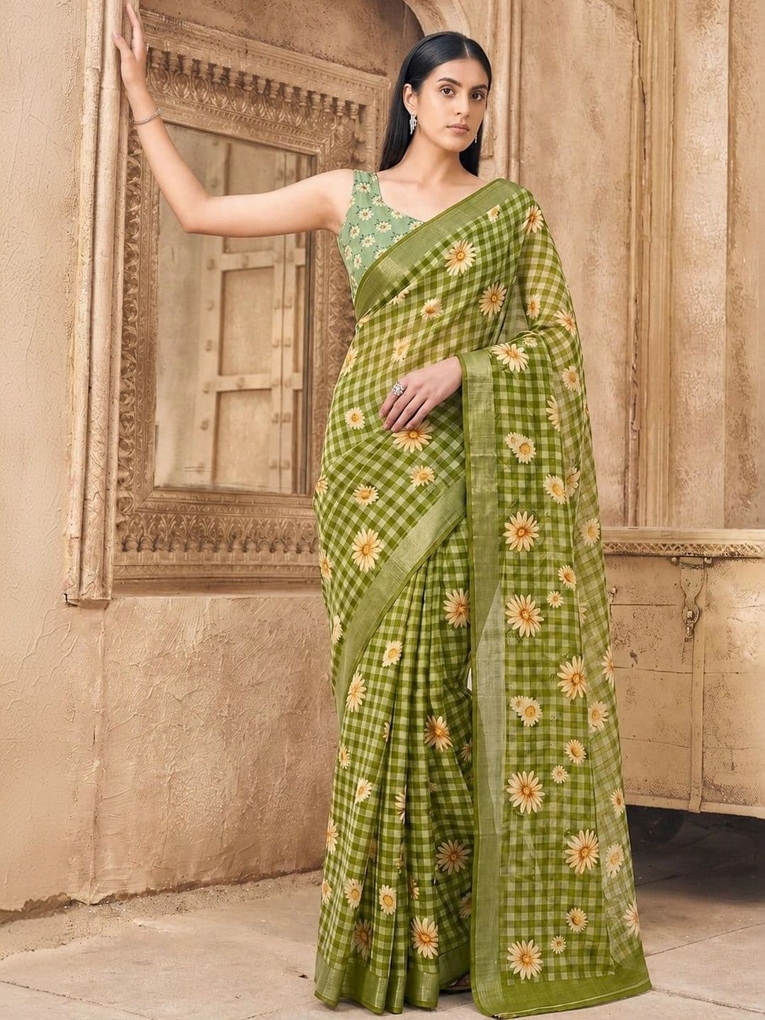 Moda Rapido Floral Printed Woven Design Khadi Saree With Unstitched Blouse Piece - view 1