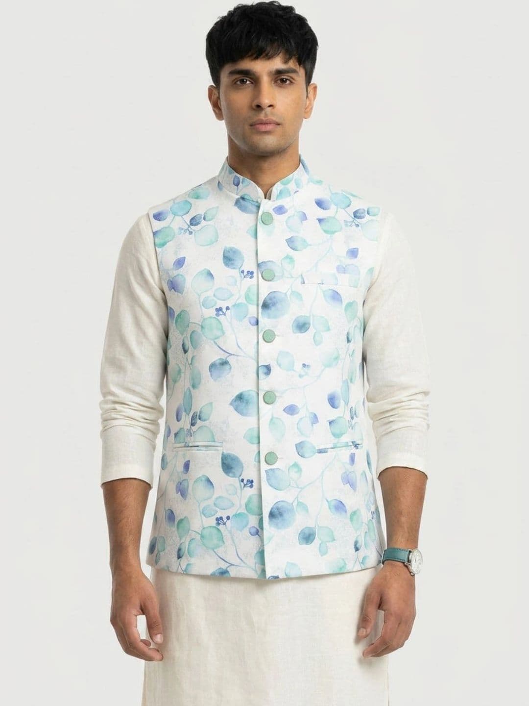 Sanman Ethnix by Raymond Men Floral Printed Open Front Nehru Jackets - view 1