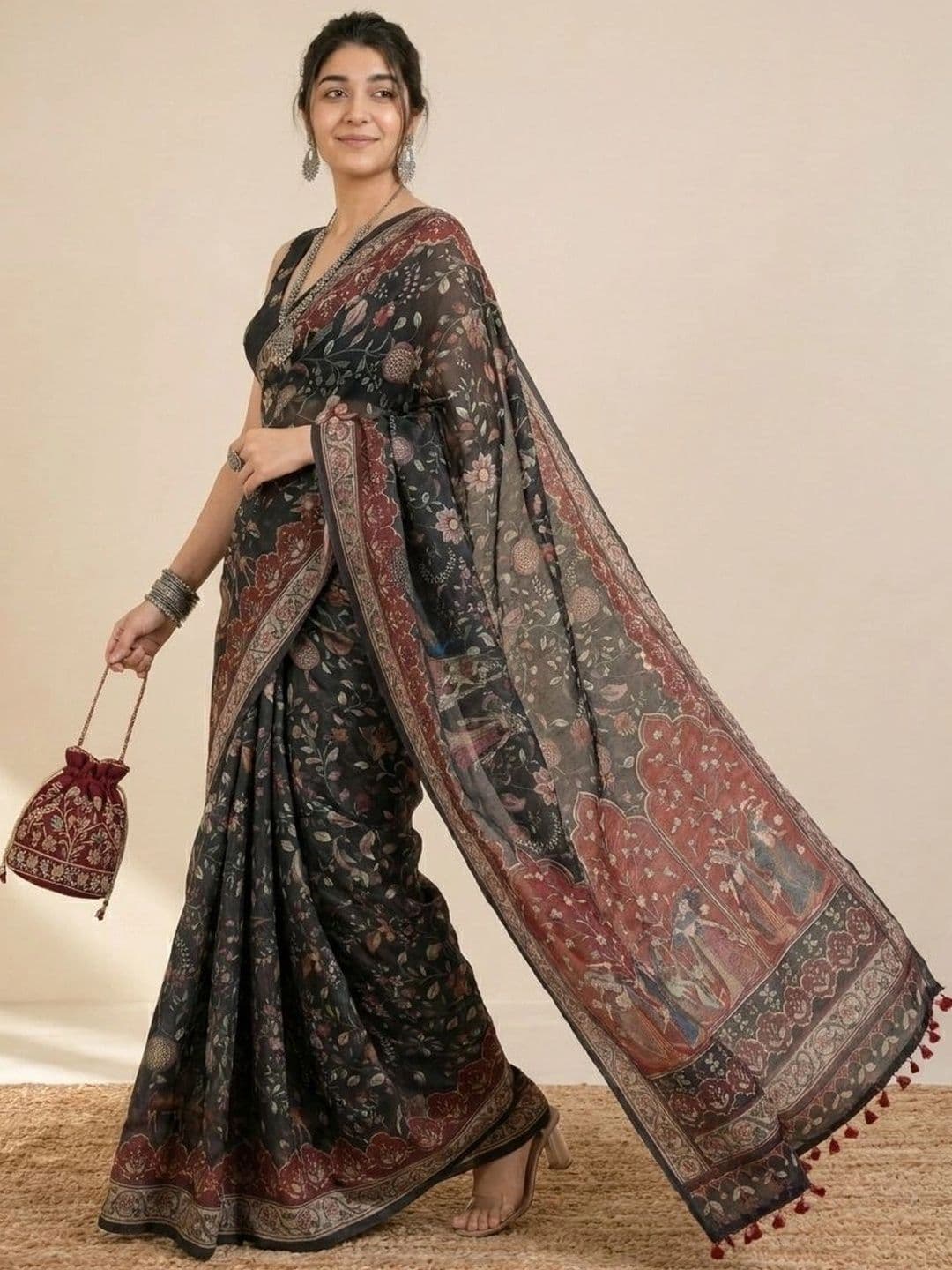AANVI Kalamkari Silk Blend Designer Block Print Saree - view 1