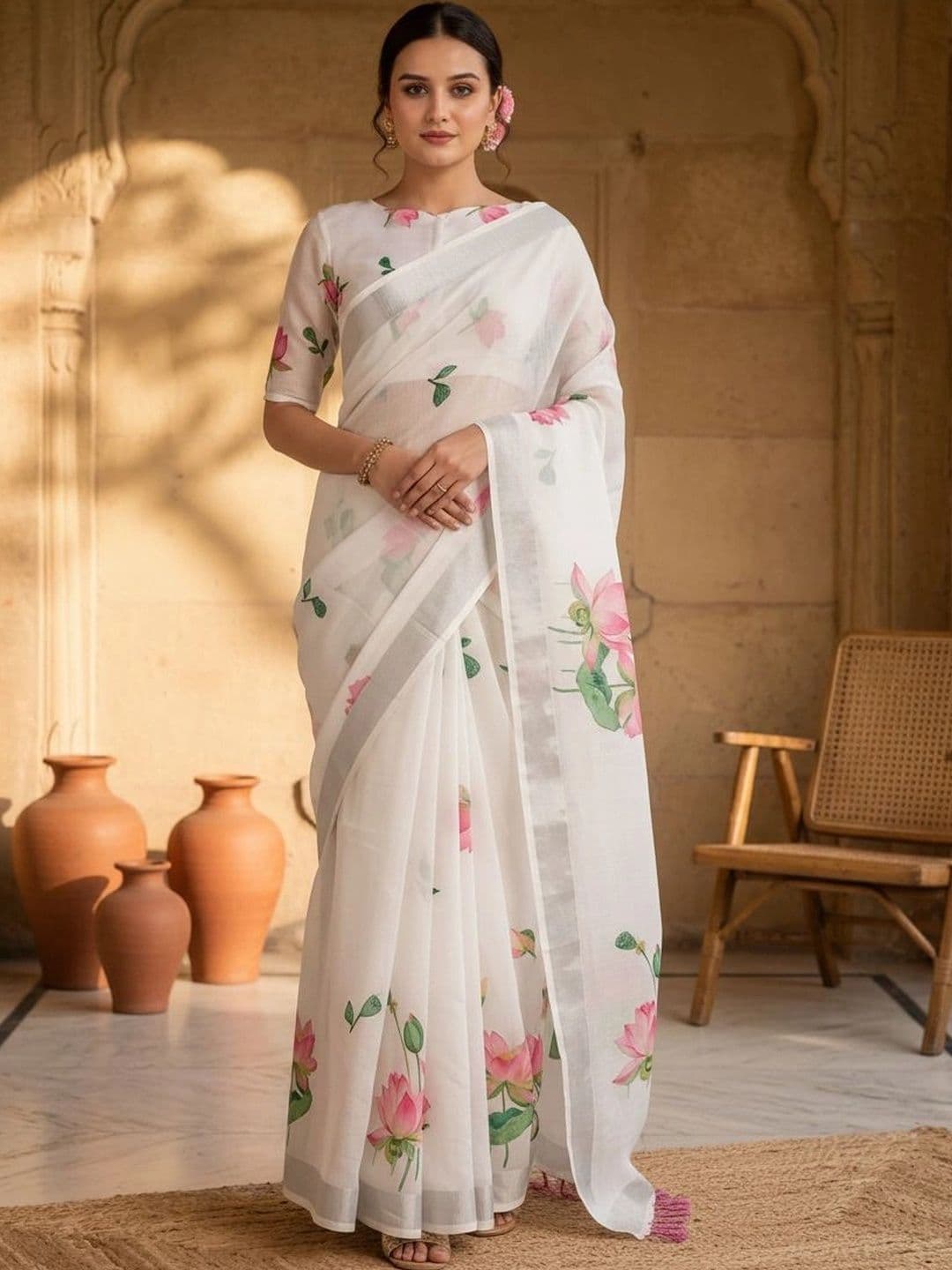 KRISHNA KURTIES Floral Cotton Blend Khadi Saree - view 1