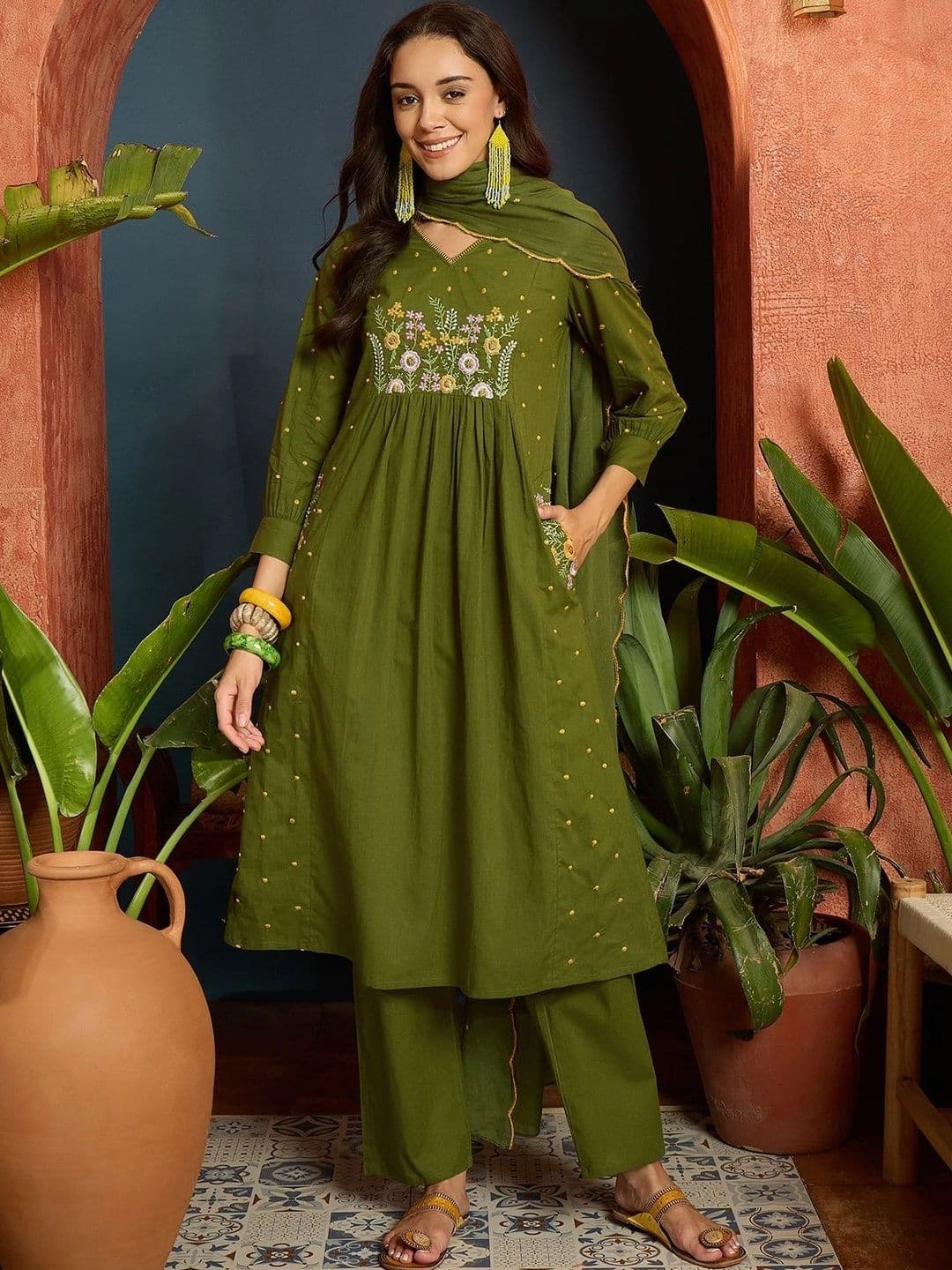 KALINI Women Floral Embroidered Empire Thread Work Pure Cotton Kurta with Trousers & With Dupatta - view 1
