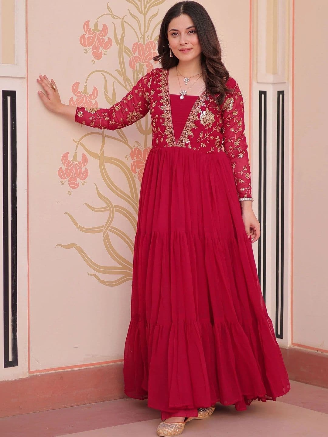 KALINI Embroidered Square Neck Fit & Flared Ethnic Dresses - view 1