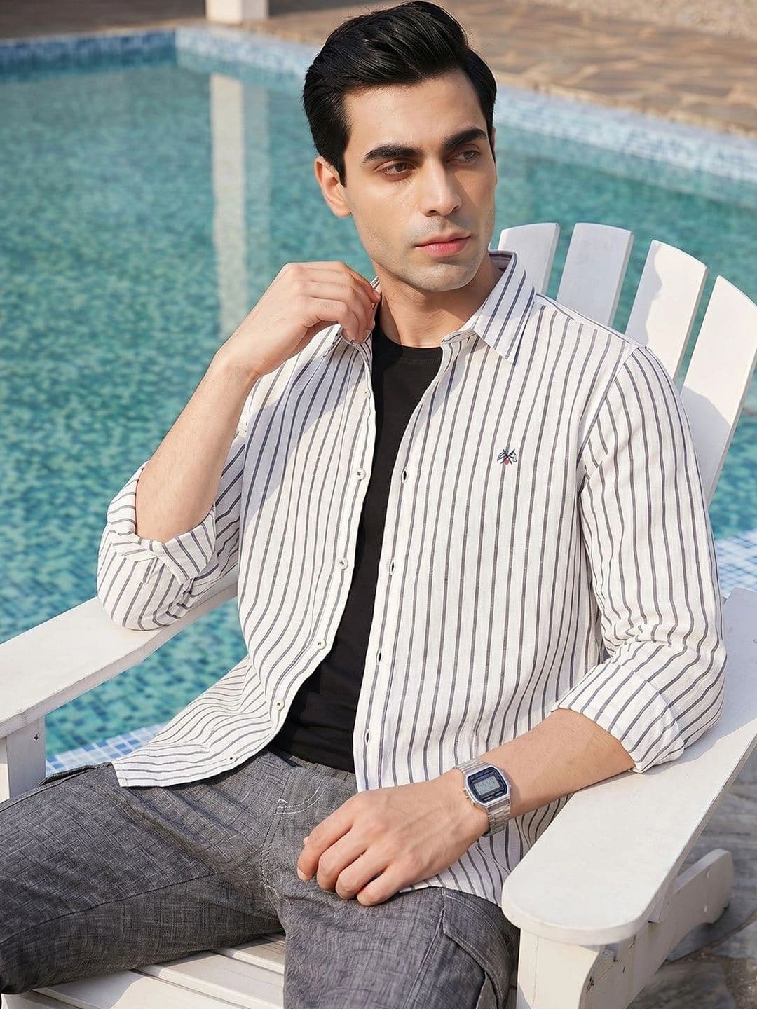 Thomas Scott Men Premium Regular Fit Cotton Linen Striped Long Sleeves Casual Shirt - view 1