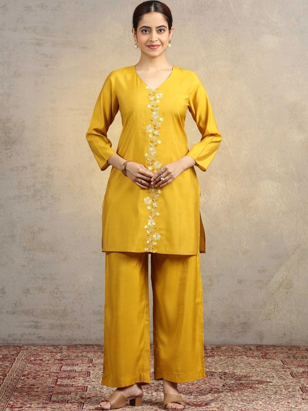 COTTON CULTURE Women Ethnic Motifs Embroidered Regular Thread Work Pure Silk Kurta with Palazzos - view 1