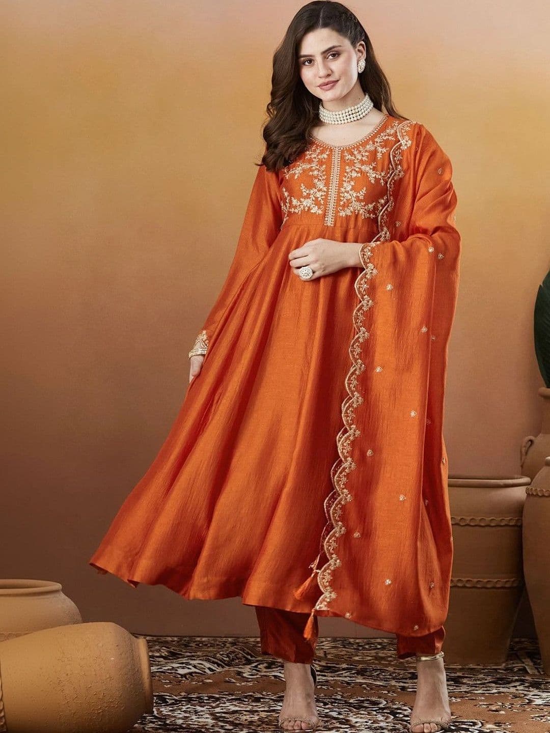 KALINI Women Ethnic Motifs Embroidered Empire Thread Work Kurta with Trousers & With Dupatta - view 1