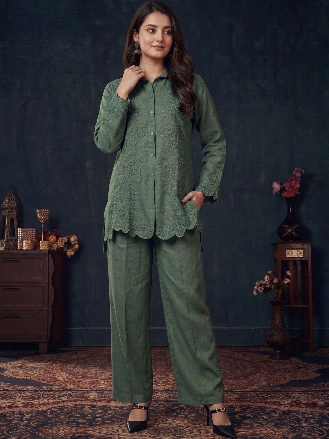 Indyanvastra Linen Embroidered Shirt with Trousers - view 1