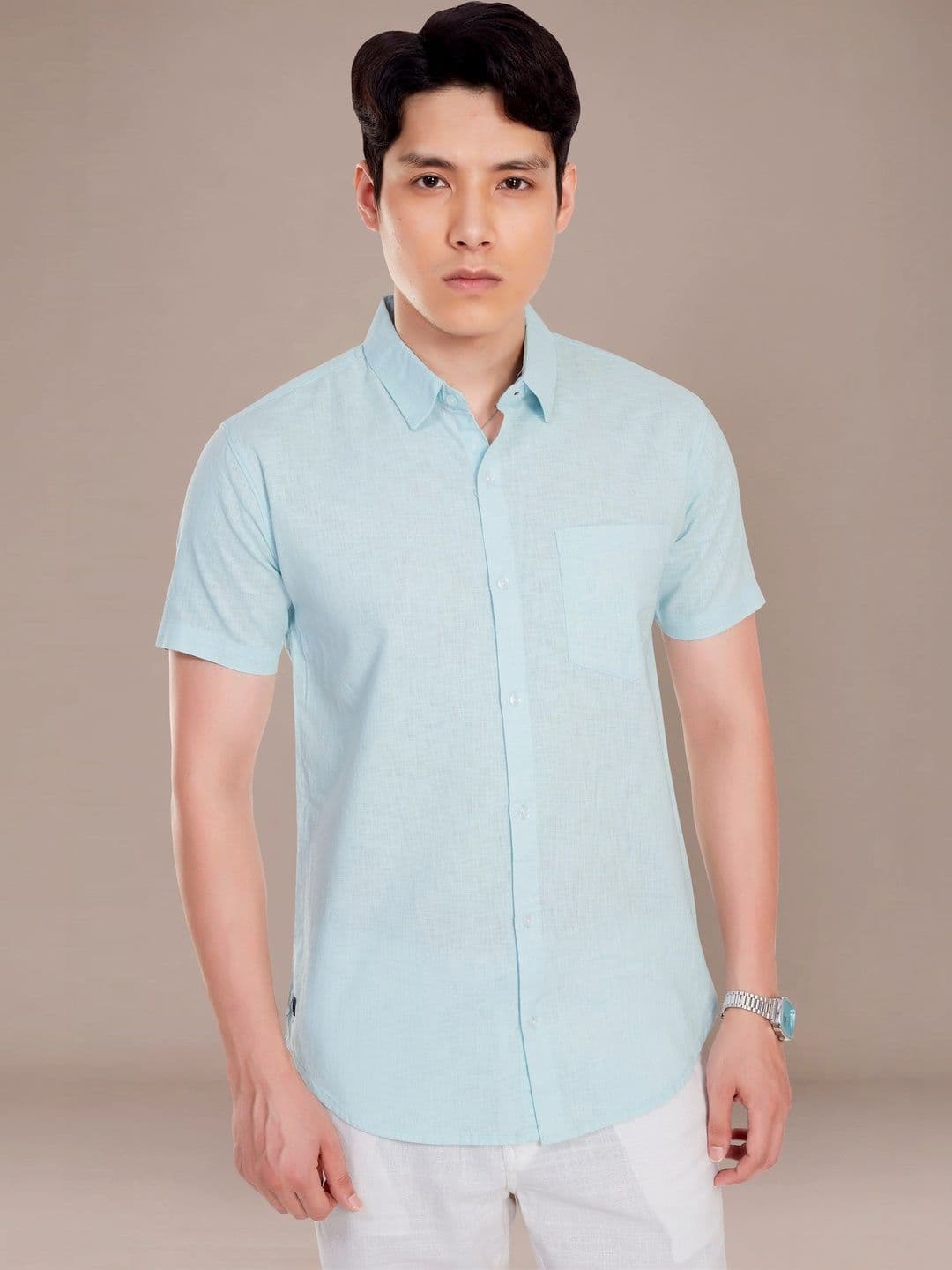 THE BEETEL HOUSE Blue Regular Fit Casual Shirt with Curved Hem - view 1