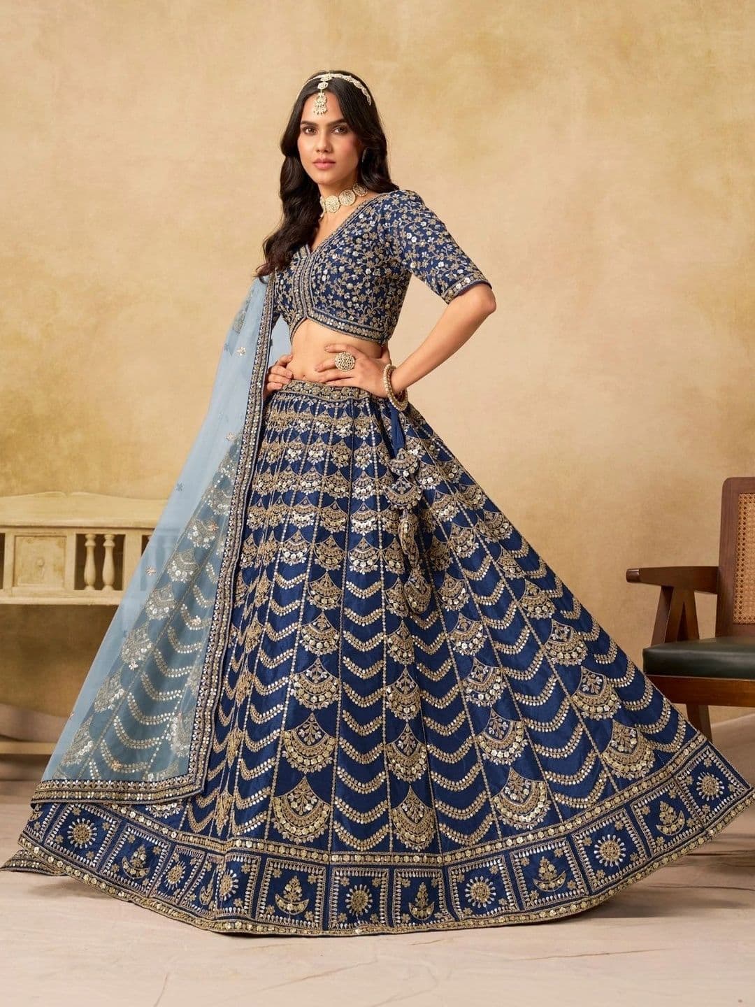ODETTE Embroidered Sequinned Semi-Stitched Lehenga & Unstitched Blouse With Dupatta - view 1