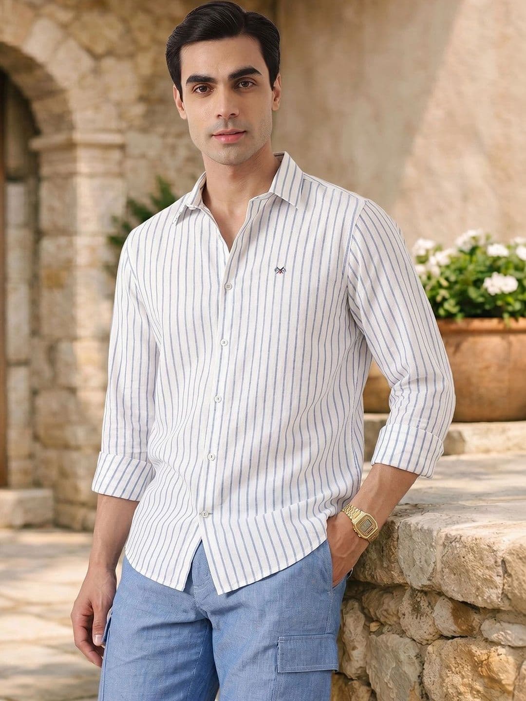 Thomas Scott Men Premium Regular Fit Cotton Linen Striped Long Sleeves Casual Shirt - view 1