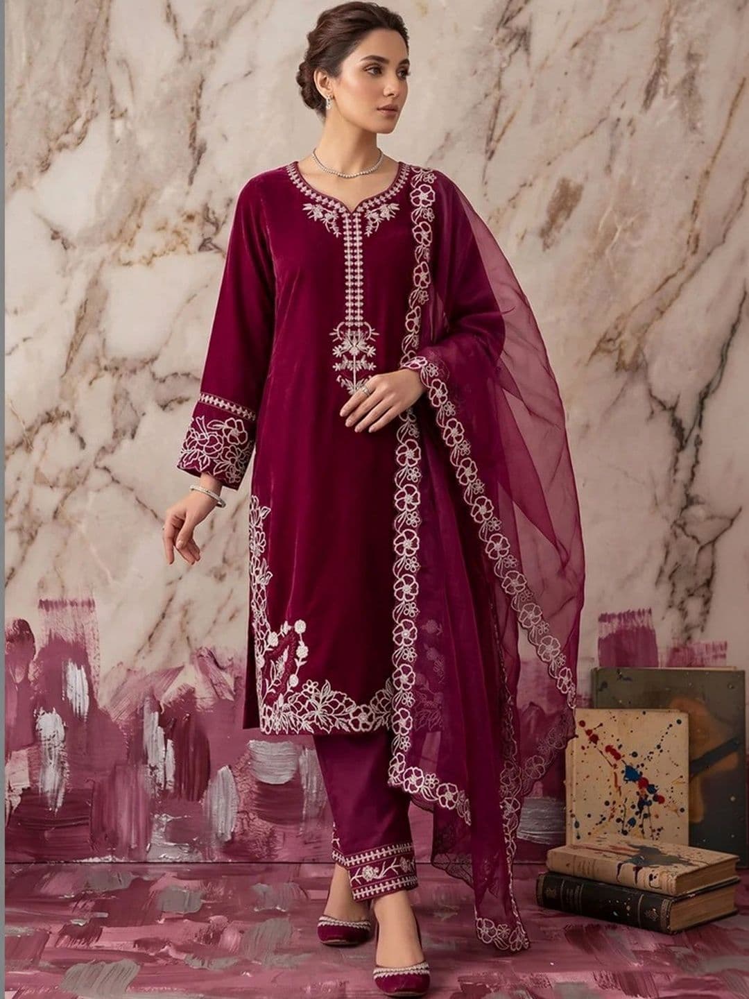 ZONFAB Women Ethnic Motifs Embroidered Regular Thread Work Kurta with Trousers & With Dupatta - view 1