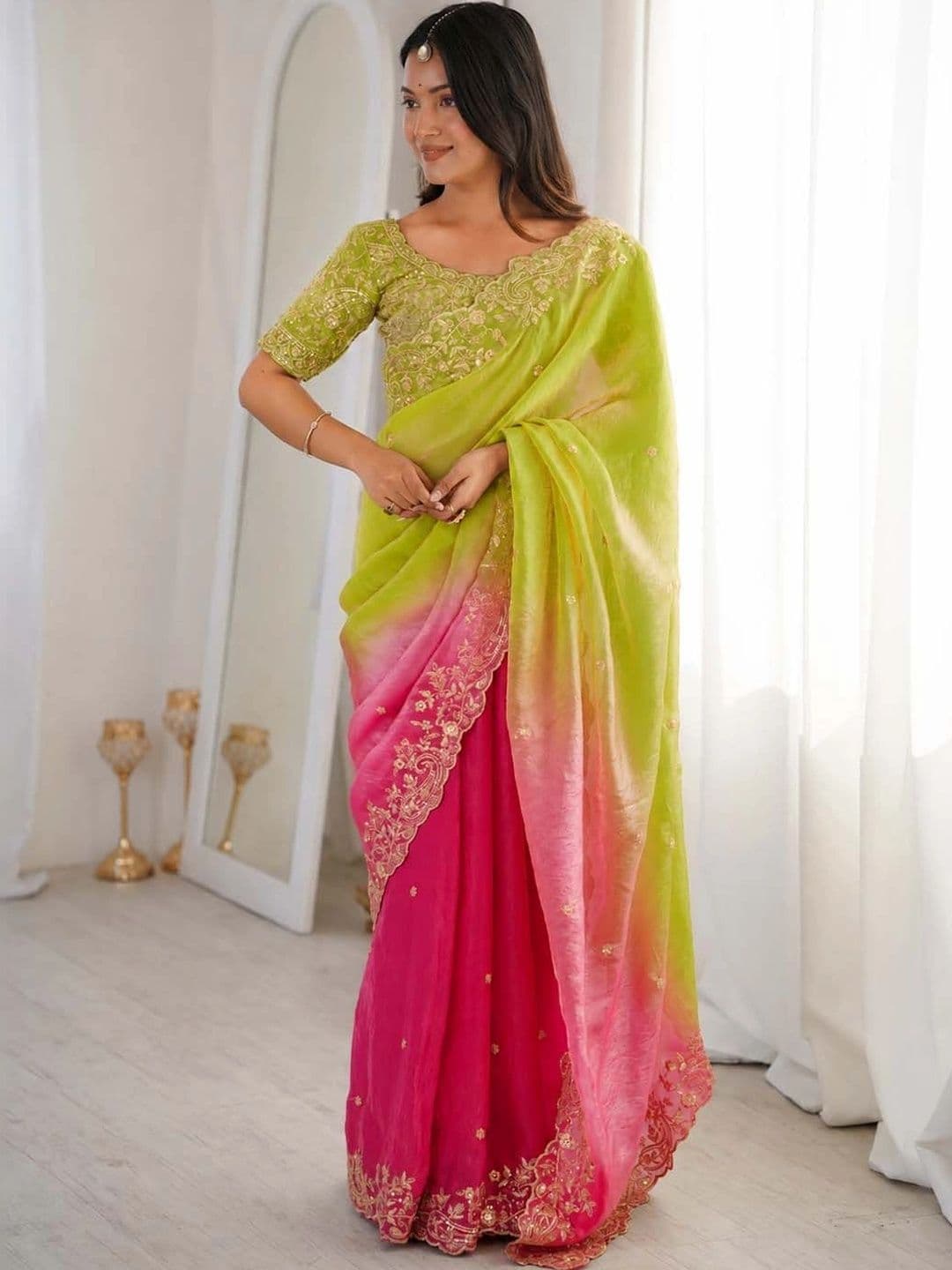 HERE&NOW Ombre Embroidered Satin Designer Saree - view 1