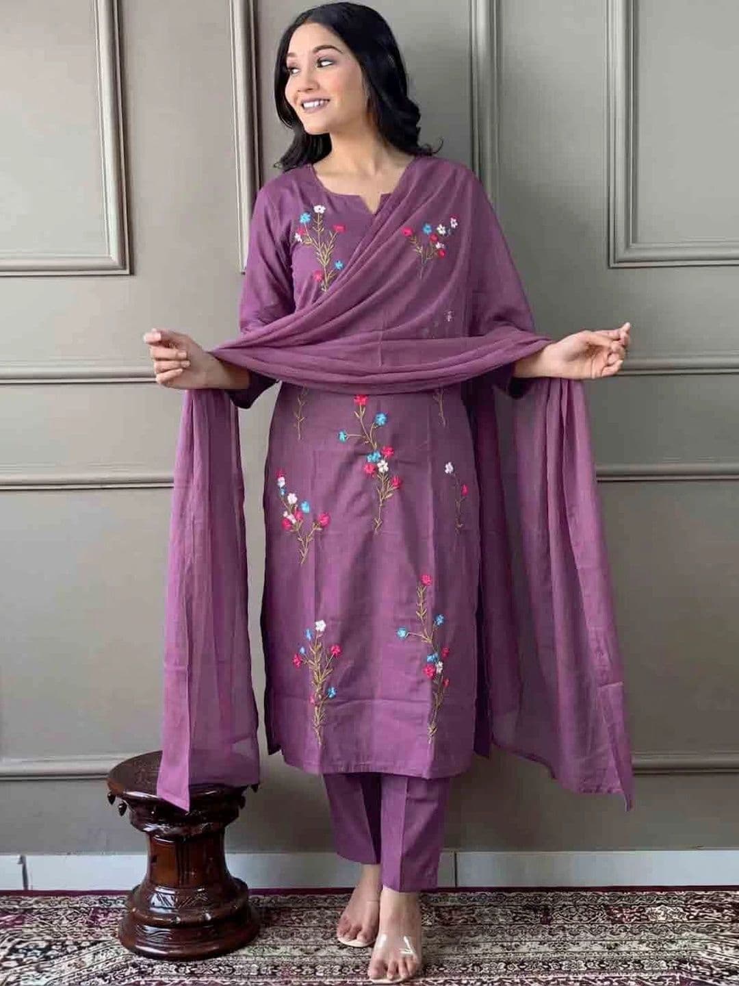 Anouk Women Floral Embroidered Regular Thread Work Pure Cotton Kurta with Trousers & With Dupatta - view 1