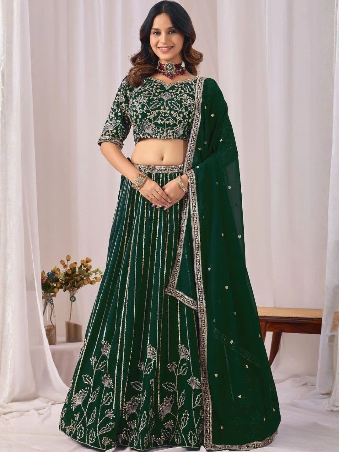 ODETTE Embroidered Sequinned Semi-Stitched Lehenga & Unstitched Blouse With Dupatta - view 1