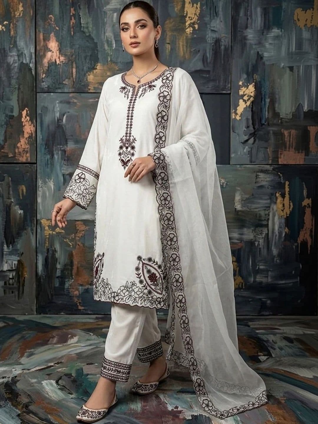 ZONFAB Women Ethnic Motifs Embroidered Regular Thread Work Kurta with Trousers & With Dupatta - view 1