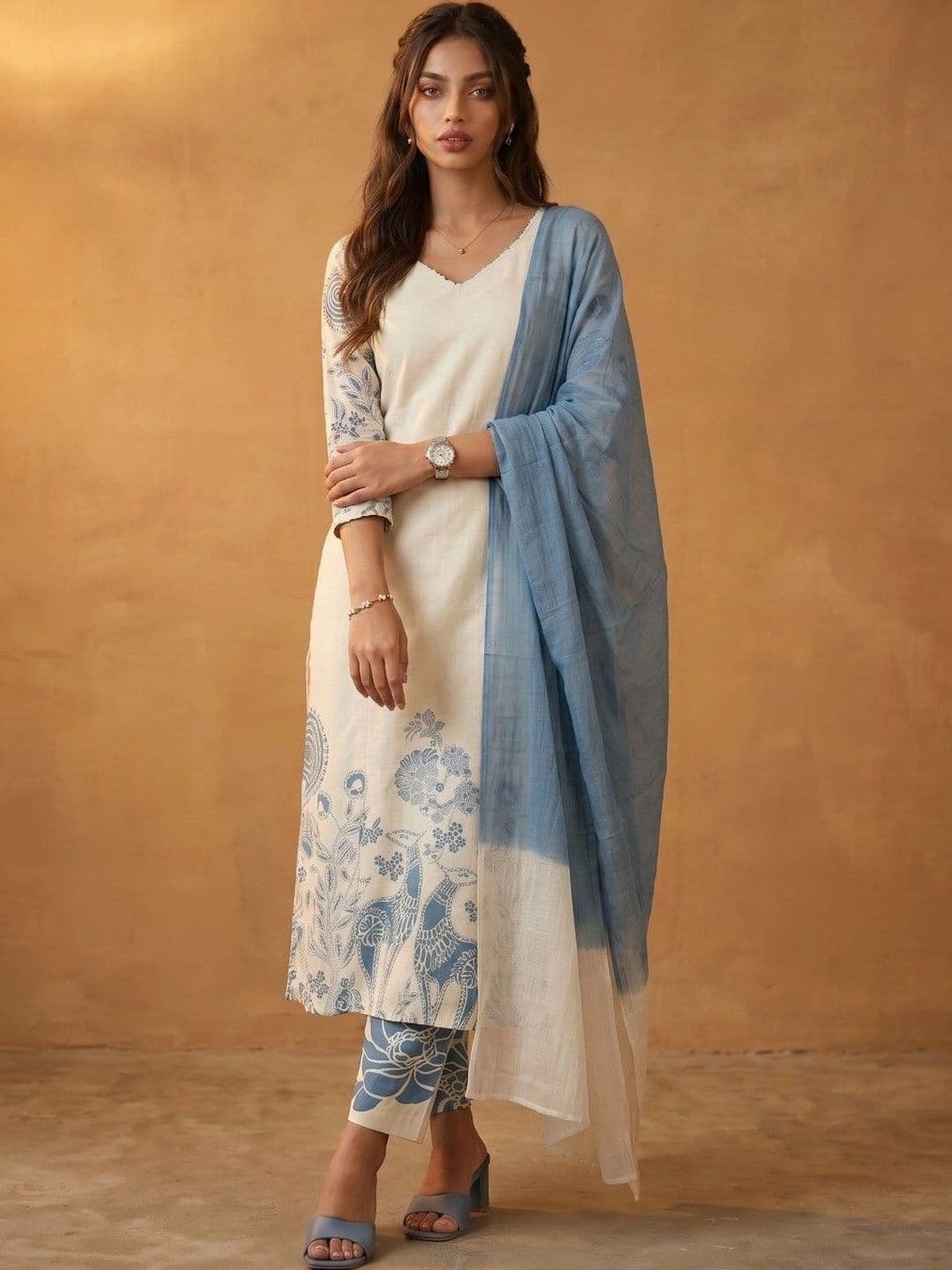 KINDA DESI Women Ethnic Motifs Printed Regular Kurta with Trousers & With Dupatta - view 1