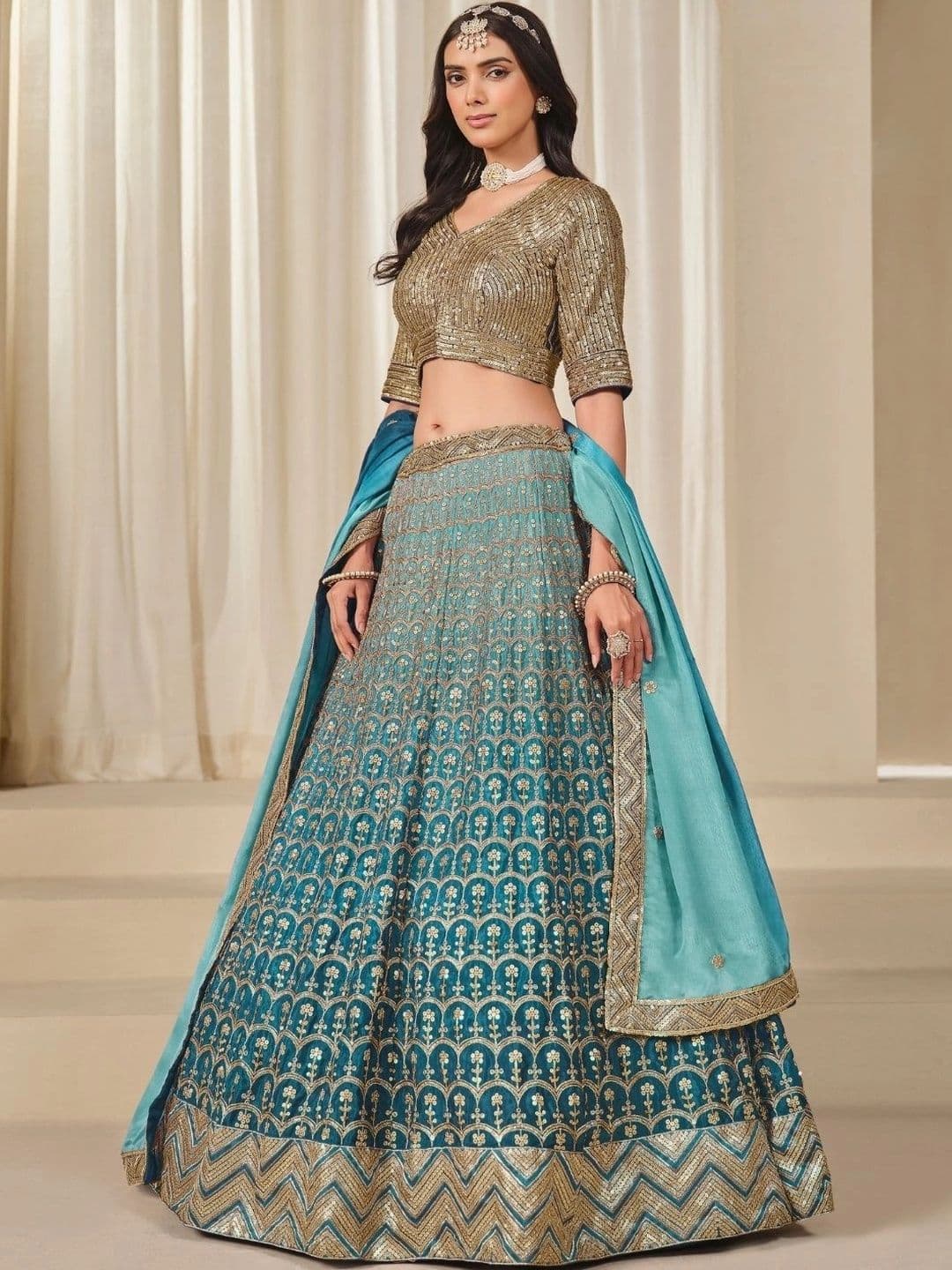 ODETTE Embroidered Sequinned Semi-Stitched Lehenga & Unstitched Blouse With Dupatta - view 1