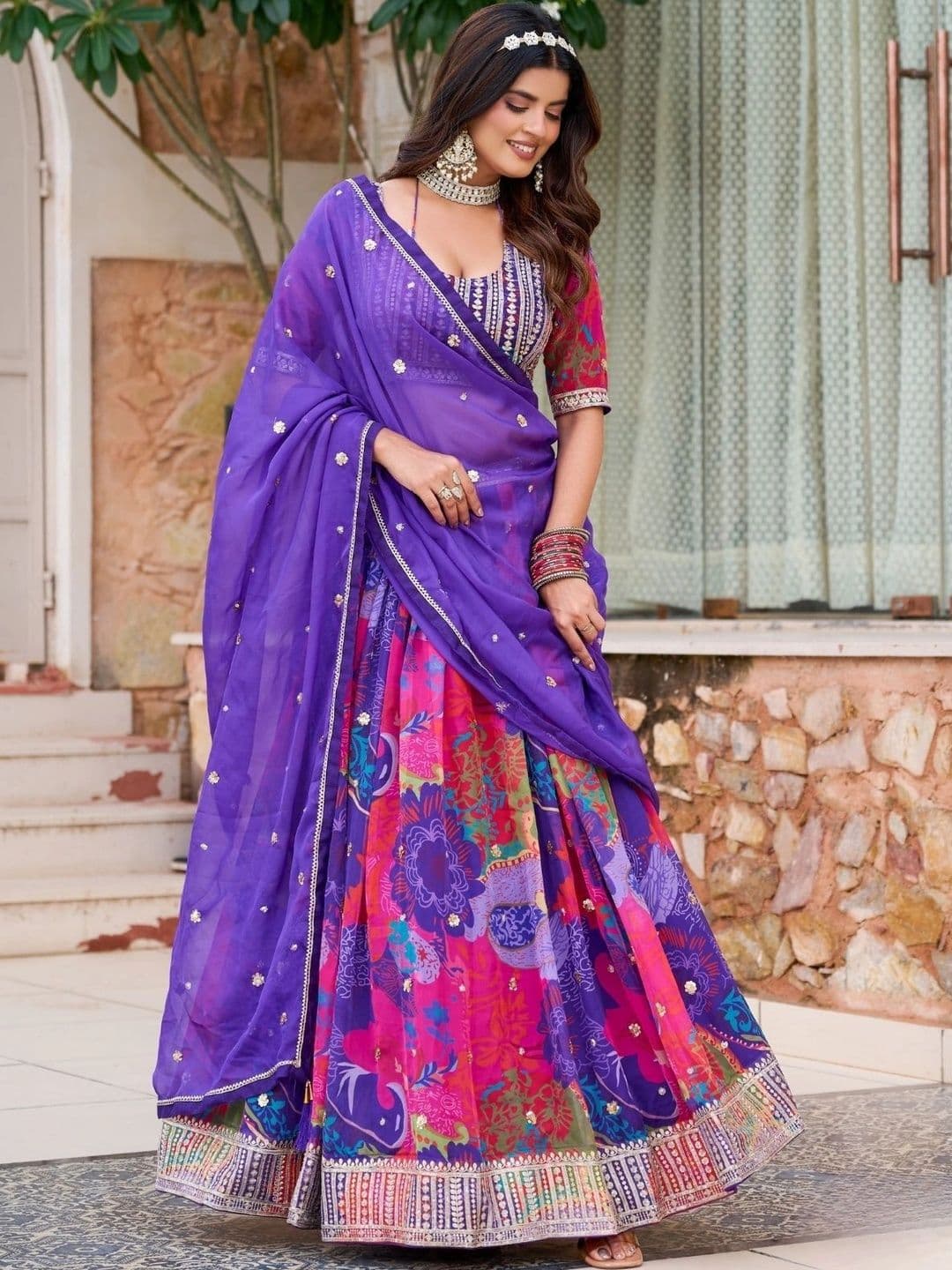 ODETTE Embroidered Sequinned Semi-Stitched Lehenga & Unstitched Blouse With Dupatta - view 1