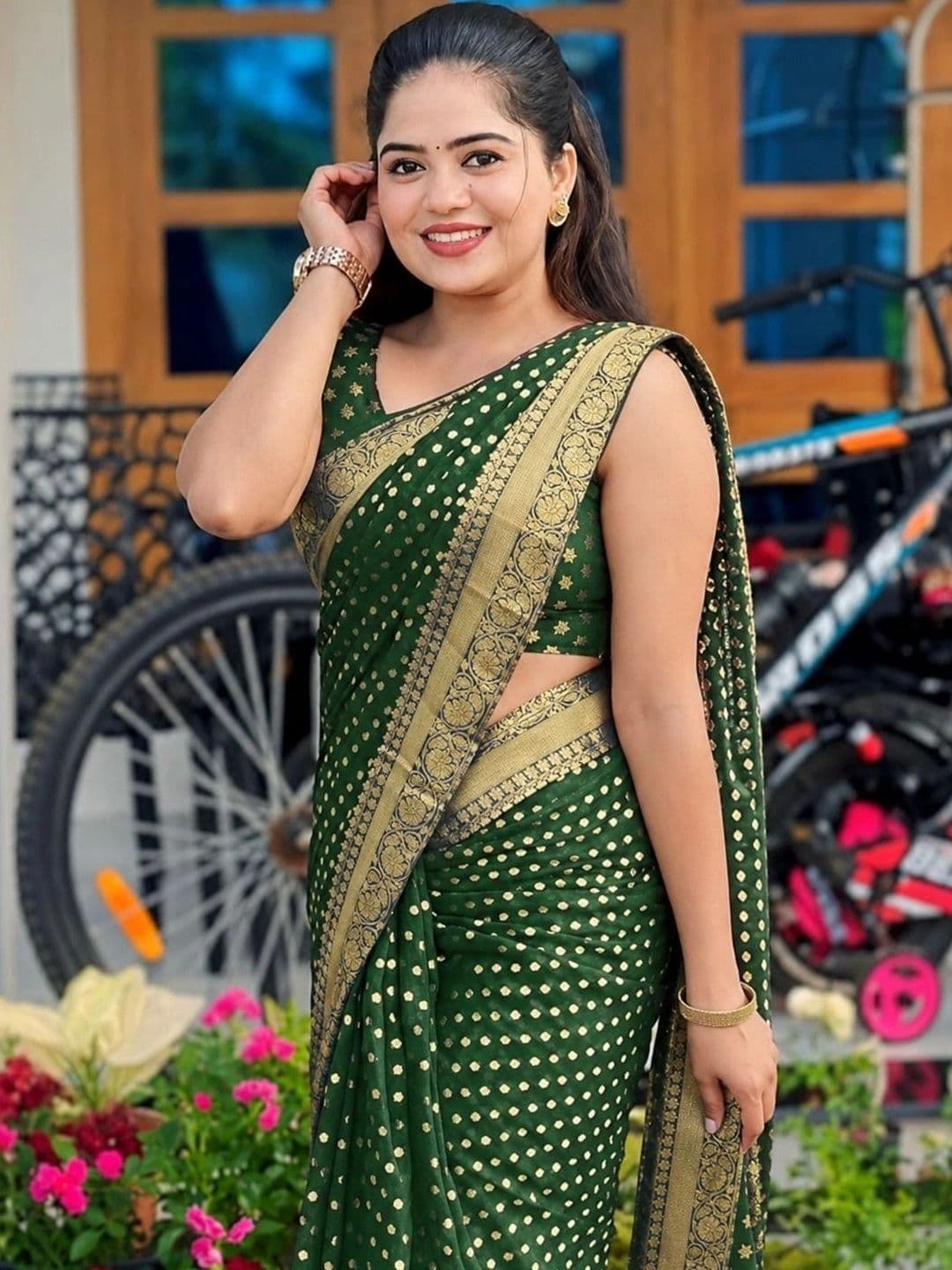 Moda Rapido Bandhani Zari Kanjeevaram Saree With Blouse Piece - view 1