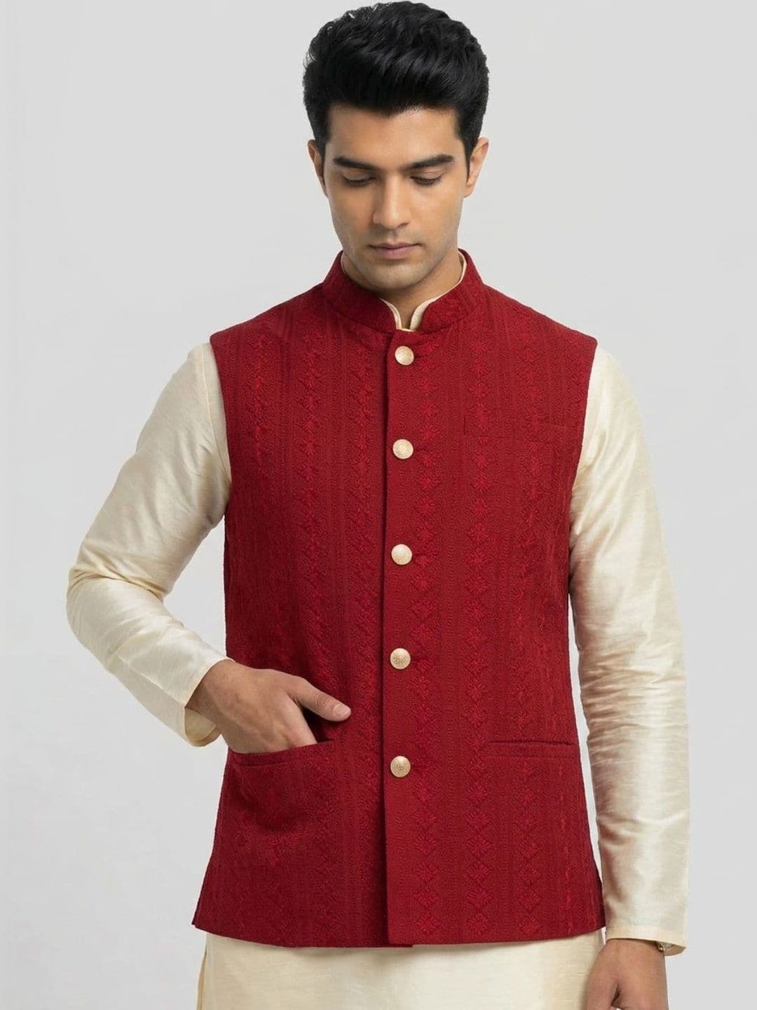 Sanman Ethnix by Raymond Men Embroidered Open Front Nehru Jackets - view 1