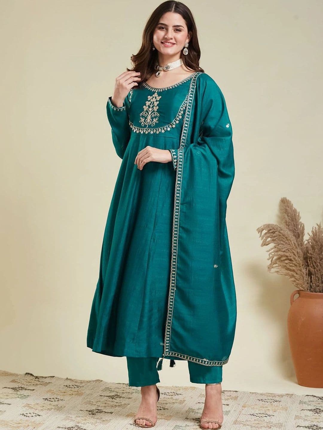 KALINI Women Ethnic Motifs Embroidered Empire Thread Work Kurta with Trousers & With Dupatta - view 1
