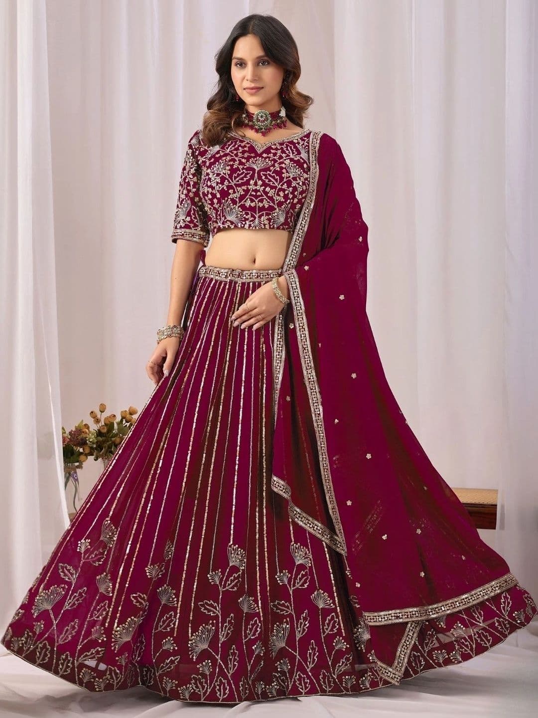 ODETTE Embroidered Sequinned Semi-Stitched Lehenga & Unstitched Blouse With Dupatta - view 1