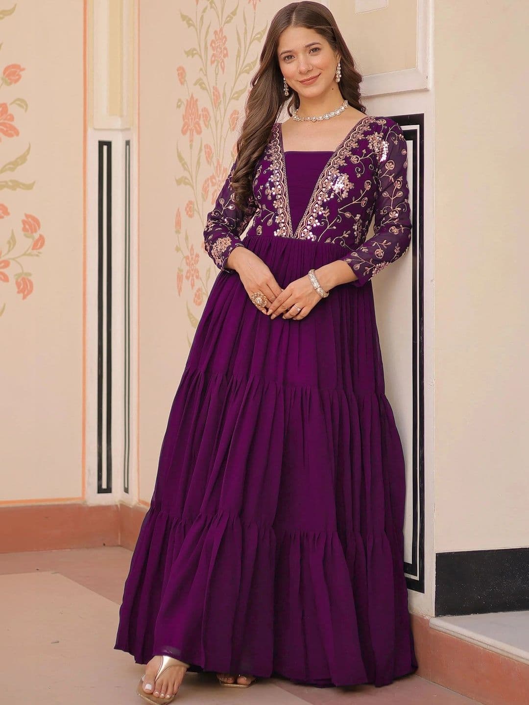 KALINI Embroidered Square Neck Fit & Flared Ethnic Dresses - view 1