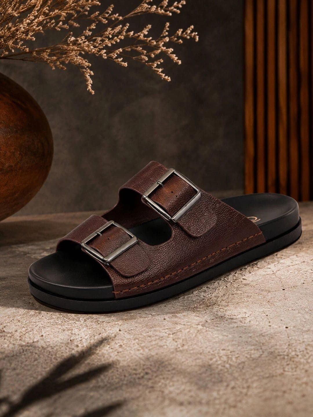 House Of Pataudi Men Brown Solid Slip On Lightweight Sandals With Buckle - view 1