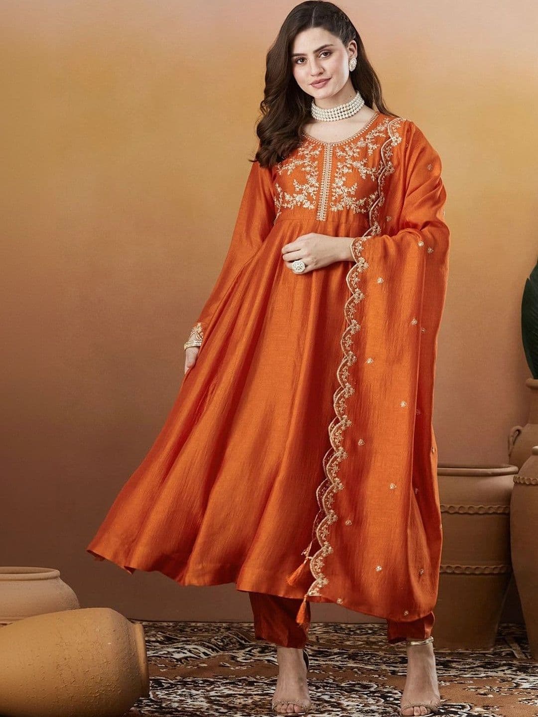 FOXDX ATTIRE Women Ethnic Motifs Embroidered Regular Kurta with Trousers & With Dupatta - view 1