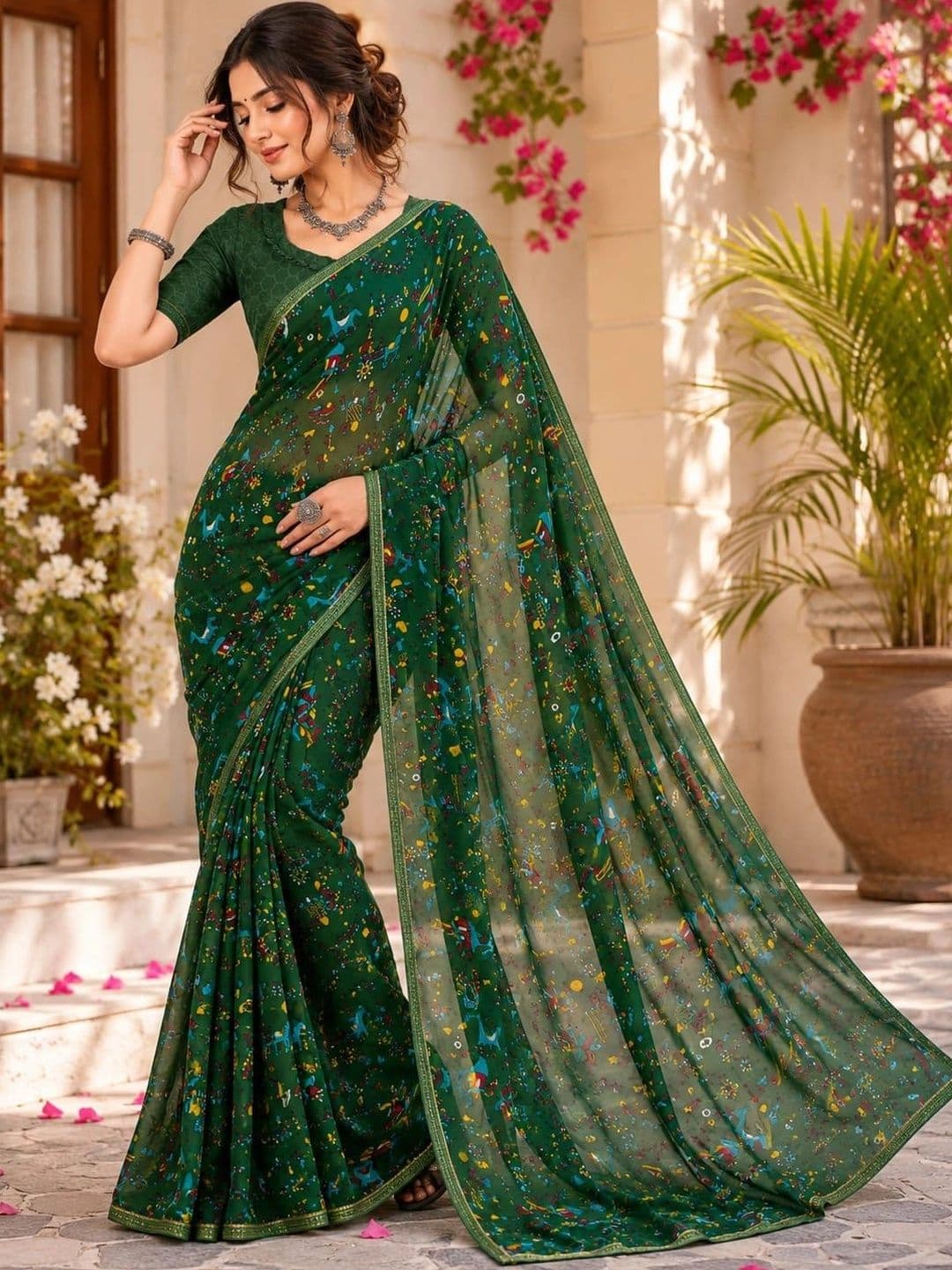 Leelavati Women Floral Printed Pure Chiffon Saree - view 1