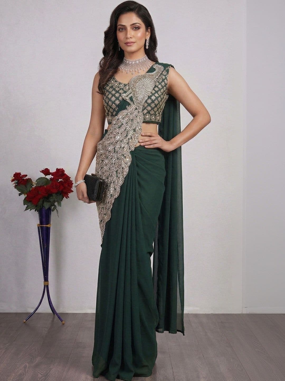 Kinjhit Fashion Embellished Sequinned Pure Georgette Designer Saree - view 1