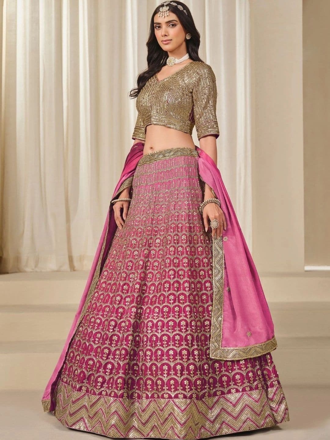 ODETTE Embroidered Sequinned Semi-Stitched Lehenga & Unstitched Blouse With Dupatta - view 1