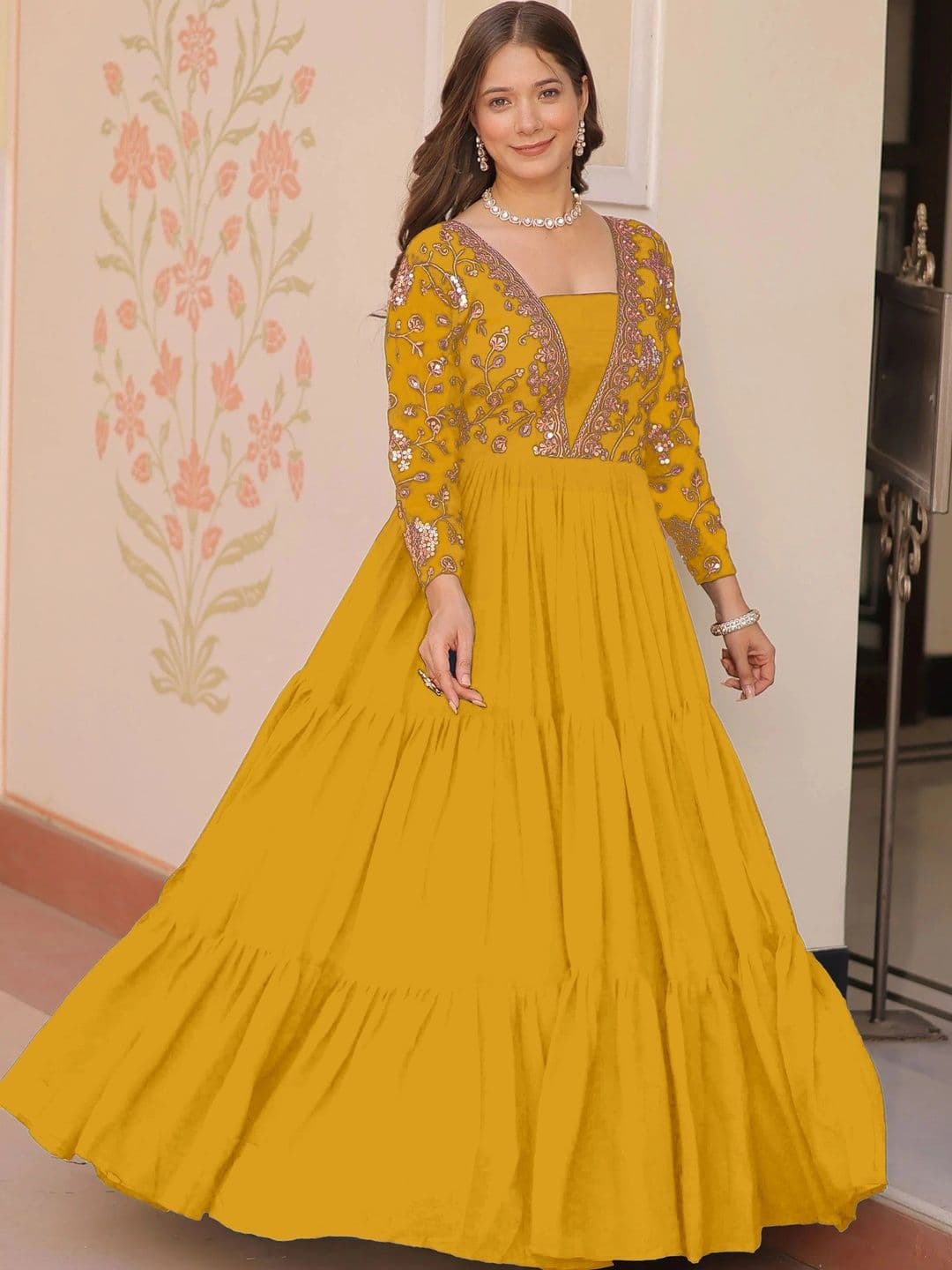 NAVYAAZRI Embroidered Square Neck Fit & Flare Maxi Ethnic Dresses - view 1