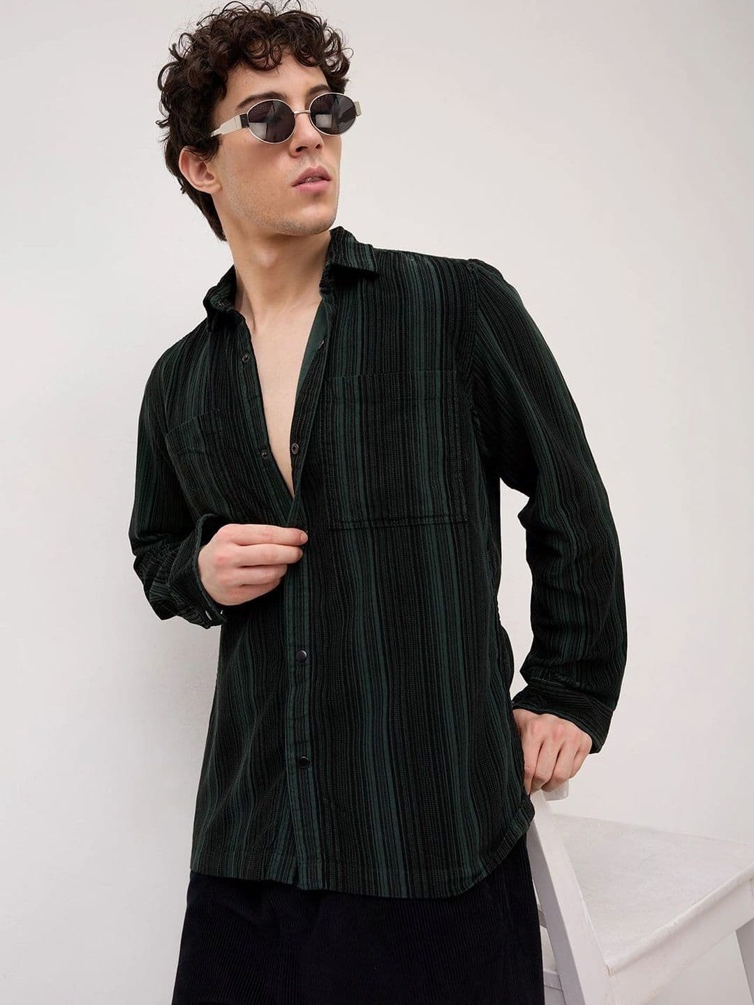 VASTRADO Dark Green Striped Double Pocket Corduroy Shirt - view 1
