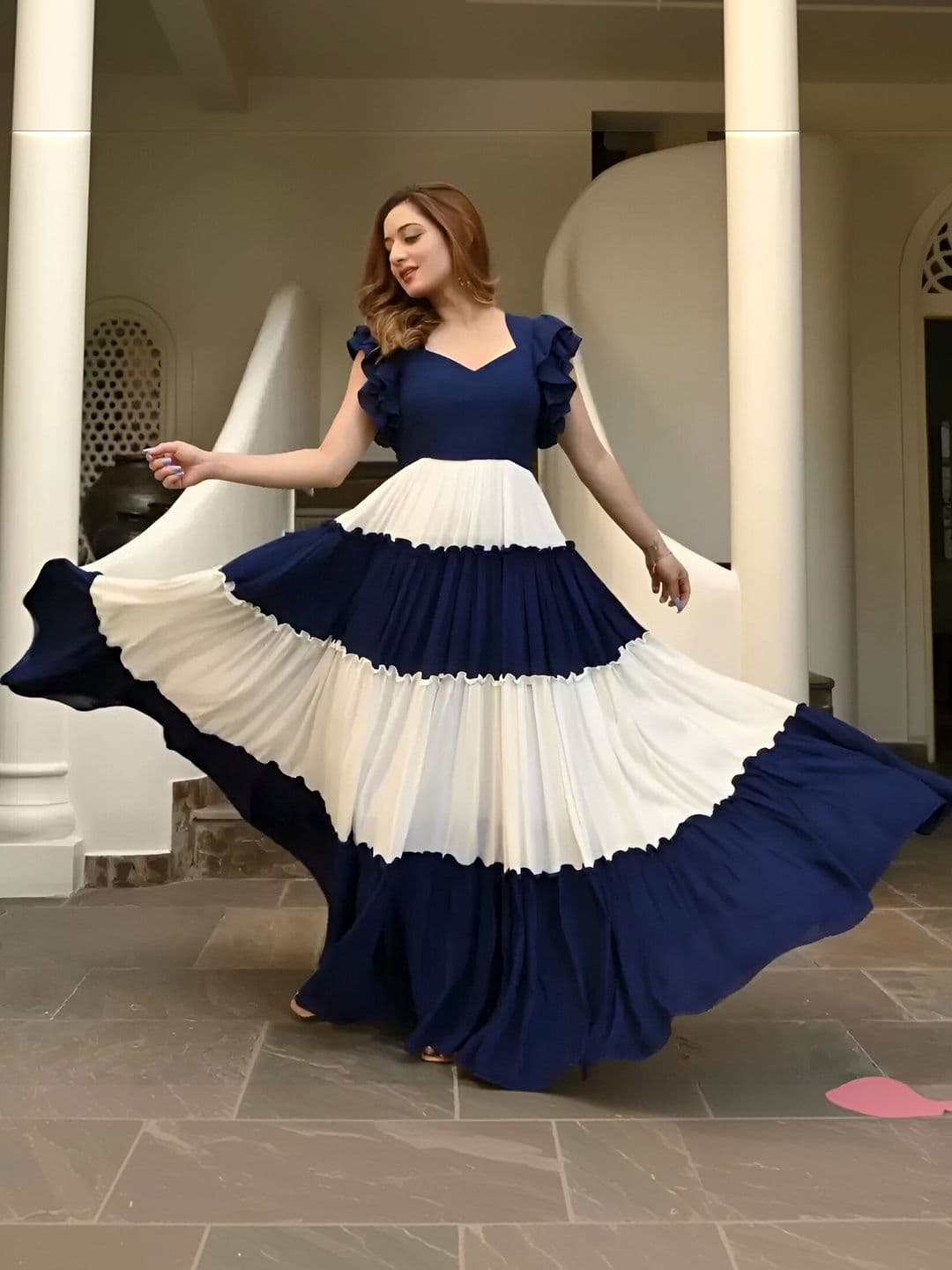 NAVYAAZRI Colourblocked V-Neck A-Line Ethnic Dresses - view 1