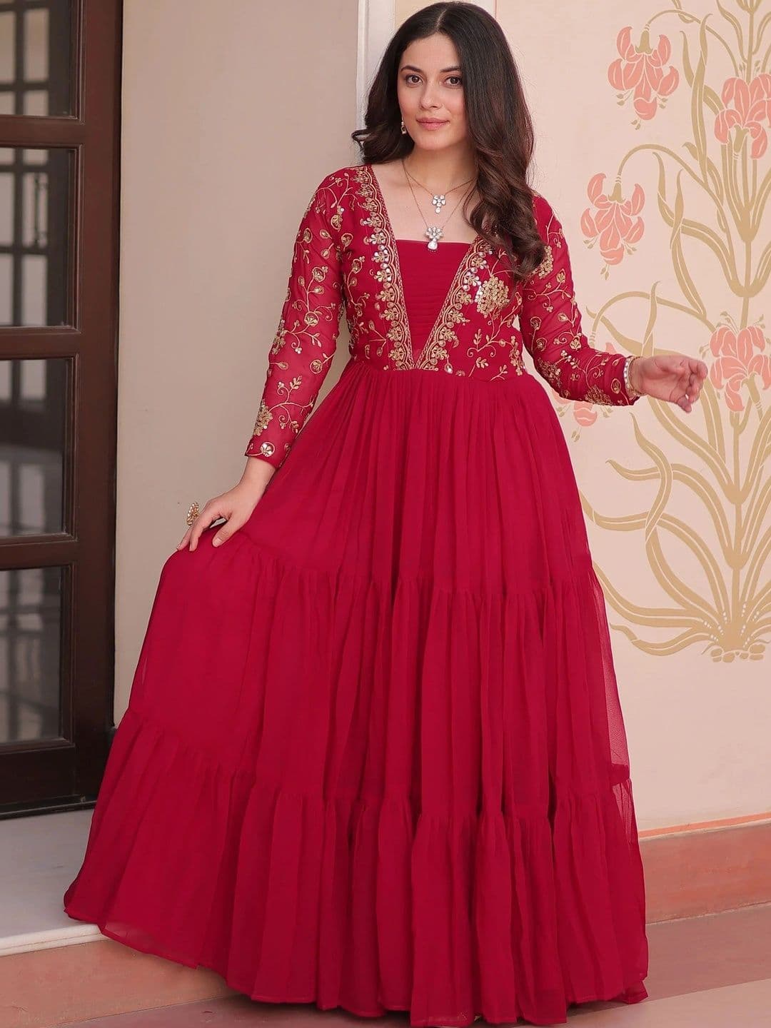 NAVYAAZRI Embroidered Square Neck Fit & Flare Maxi Ethnic Dresses - view 1