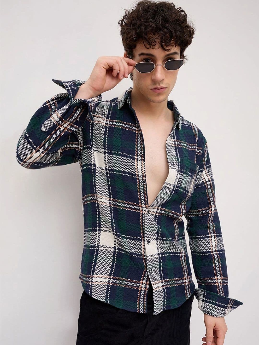 VASTRADO Navy Tweed Checks Tartan Checkered Flannel Shirt - view 1