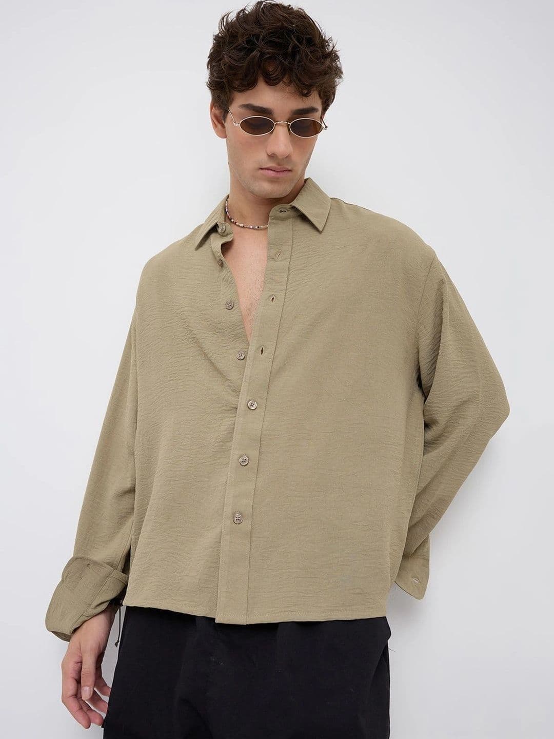VASTRADO Plush Olive Lightweight Crinkled Boxy Fit Crop Shirt - view 1