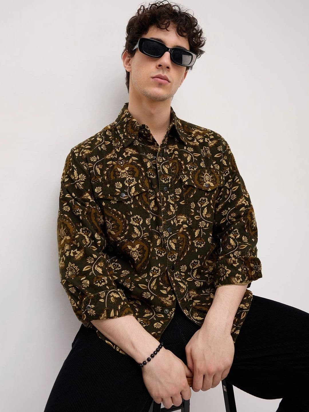 VASTRADO Olive Floral Paisley Printed Double Pocket Corduroy Shirt - view 1