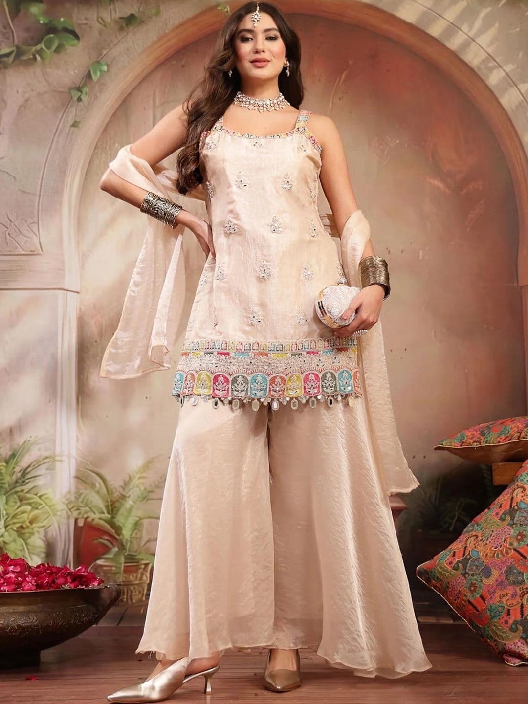 ZOEMIRA Women Ethnic Motifs Embroidered Regular Mirror Work Kurta with Sharara & With Dupatta - view 1