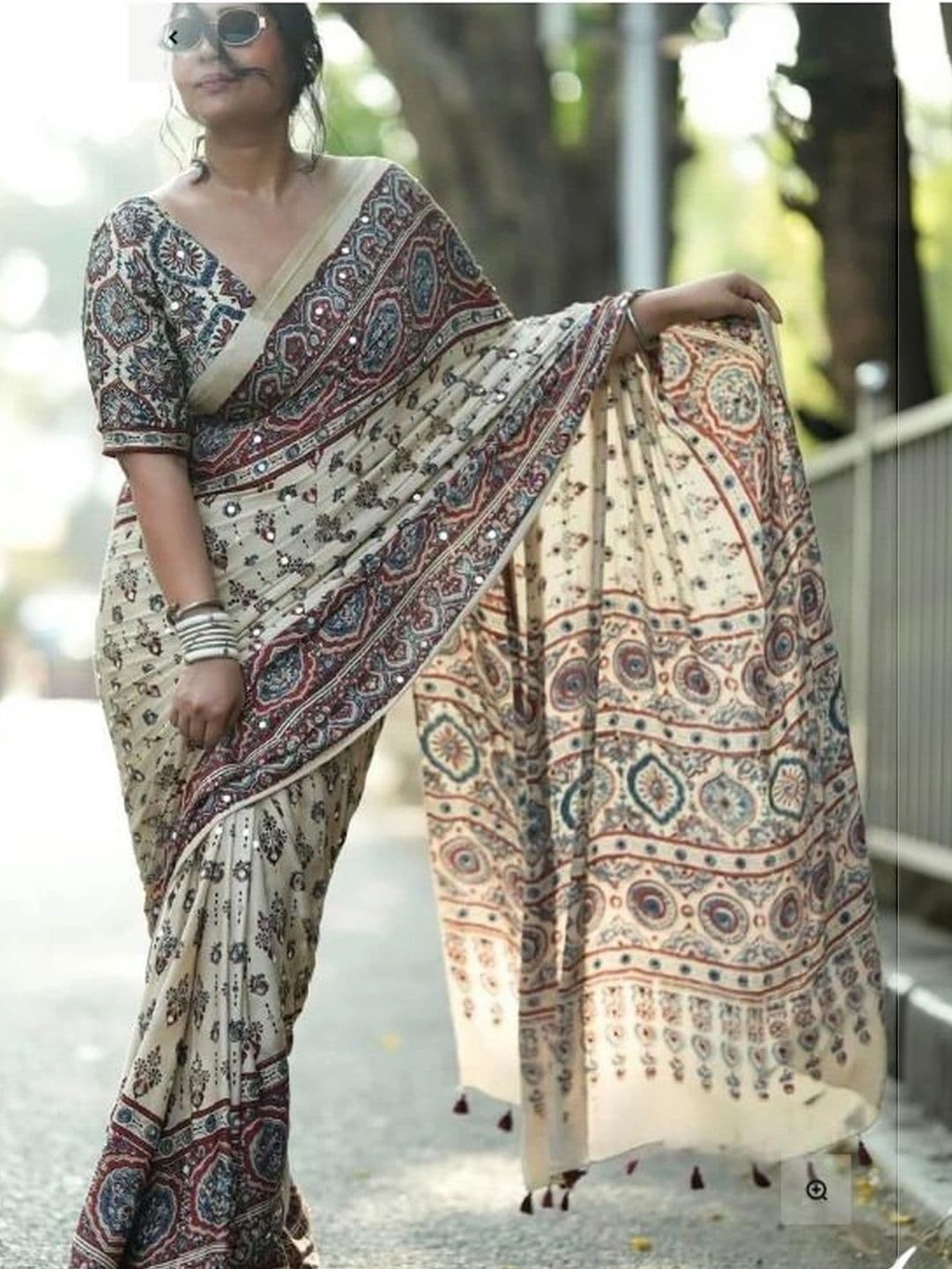 Saanvi Mirror Work Poly Crepe Saree - view 1