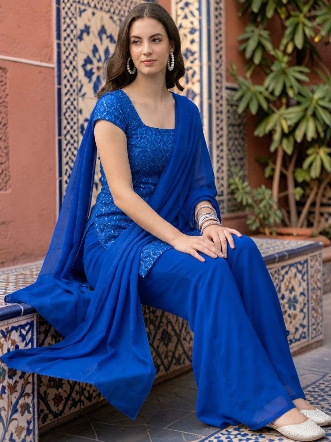 Sangria Women Embroidered Regular Sequinned Kurti with Palazzos & With Dupatta - view 1